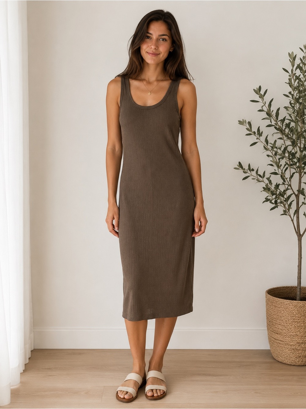 Active Basic Olive Ribbed Tank Midi Dress Size Small